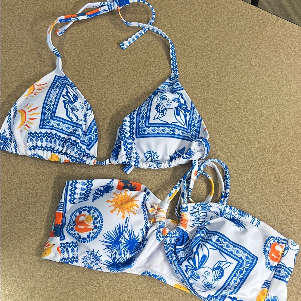 Blue and White Patterned Bikini Tops